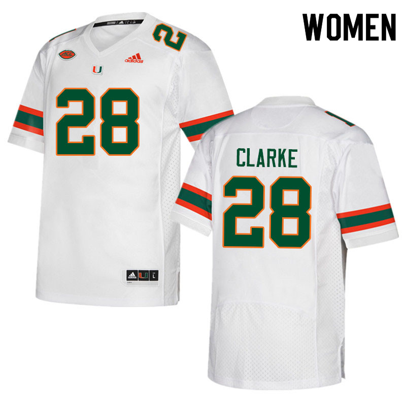 Women #28 Marcus Clarke Miami Hurricanes College Football Jerseys Sale-White - Click Image to Close